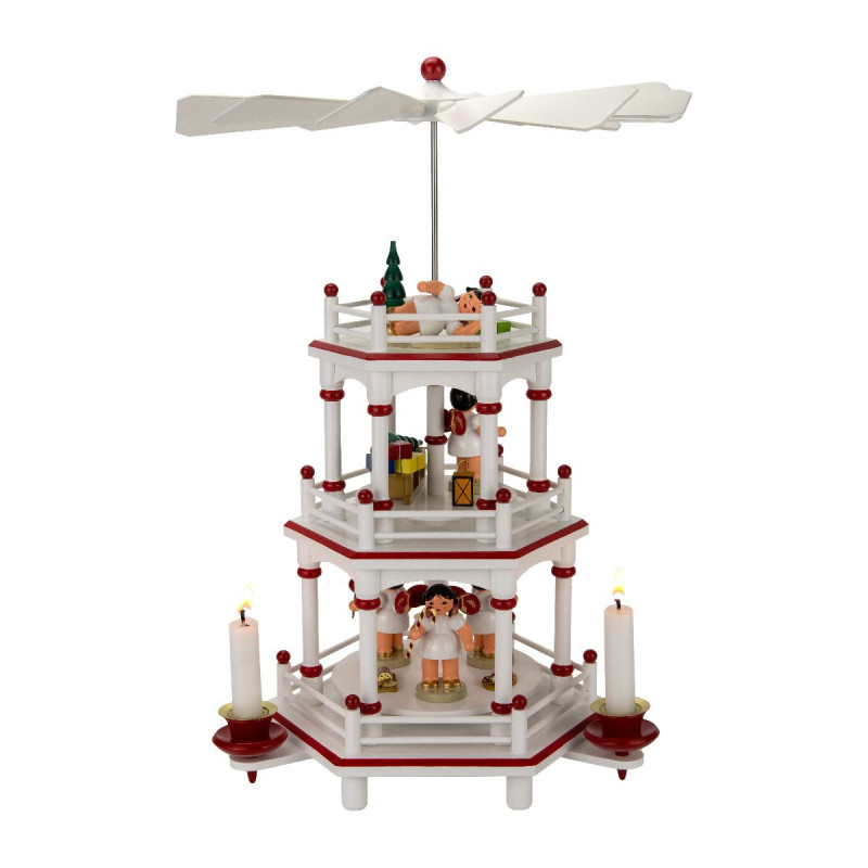 Pyramide 3 Etagen weiß / rot, 35 cm, SK-Engel + Geschenkeschlitten mit roten Flügeln und Zubehör